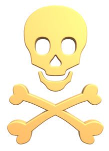 Gold skull and crossbones isolated on white.